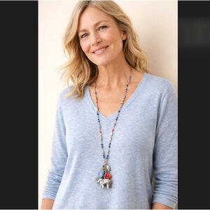 J Jill Elephant Charm Necklace Boho Beaded Blue Red Silver Adjustable Resort NWT